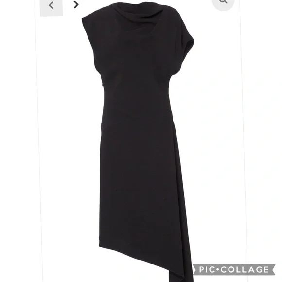 NWT YEON Hoshi Asymmetrical Hem Short Sleeve Boatneck Midi Dress in Black - Picture 2 of 14